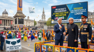 Mayor Sadiq Khan of London welcomes Pakistan PM Shehbaz Sharif during Vaisakhi festival in Trafalgar Square.