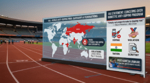 An informational graphic at a stadium showing the India Doping Risk elevated to Category A alongside other high-risk nations.