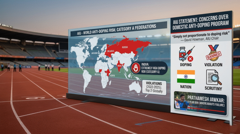 An informational graphic at a stadium showing the India Doping Risk elevated to Category A alongside other high-risk nations.