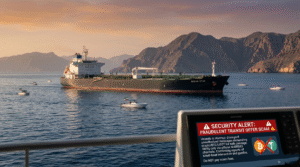A large tanker in the Strait of Hormuz with a security alert screen warning against the Hormuz Shipping Scam and crypto payments.