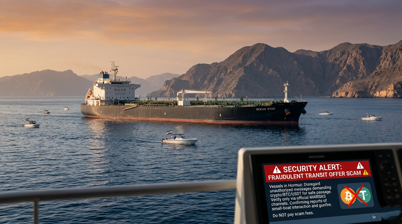 A large tanker in the Strait of Hormuz with a security alert screen warning against the Hormuz Shipping Scam and crypto payments.