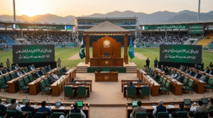 The historic KP Assembly session taking place at Imran Khan Cricket Stadium for public transparency.