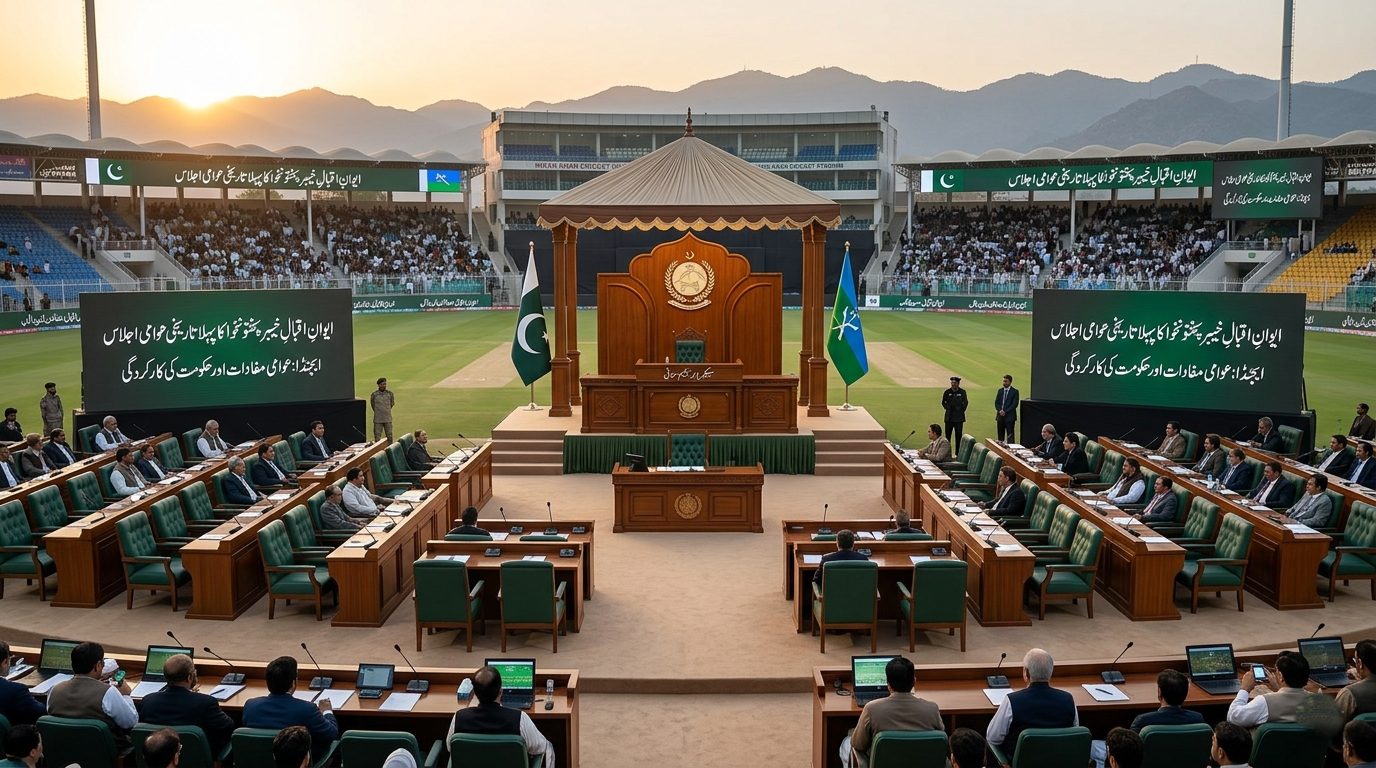The historic KP Assembly session taking place at Imran Khan Cricket Stadium for public transparency.
