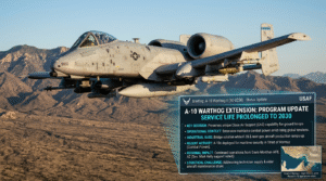A high-quality graphic showing a USAF A-10 Warthog II in flight with a digital status update regarding the A-10 Warthog Extension.