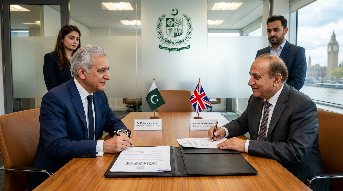 Dr Muhammad Faisal and Afzal Wali Muhammad signing the Gerry's UK Contract for consular services in London.