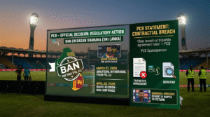 A high-quality digital graphic at a cricket stadium showing the official PCB statement regarding the Dasun Shanaka Ban and contractual breach.