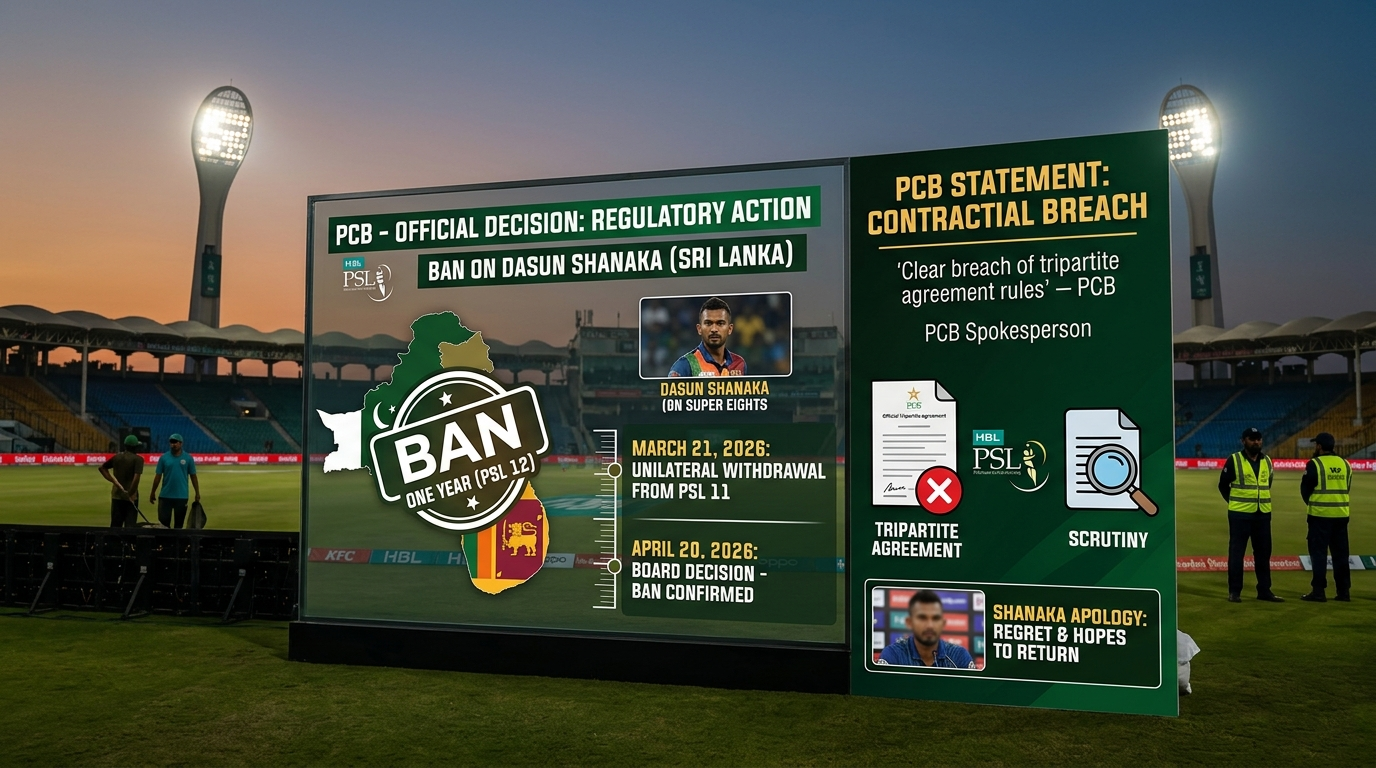 A high-quality digital graphic at a cricket stadium showing the official PCB statement regarding the Dasun Shanaka Ban and contractual breach.