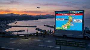 Japan disaster response teams monitoring a large screen showing the epicenter of the powerful Japan Quake and tsunami.