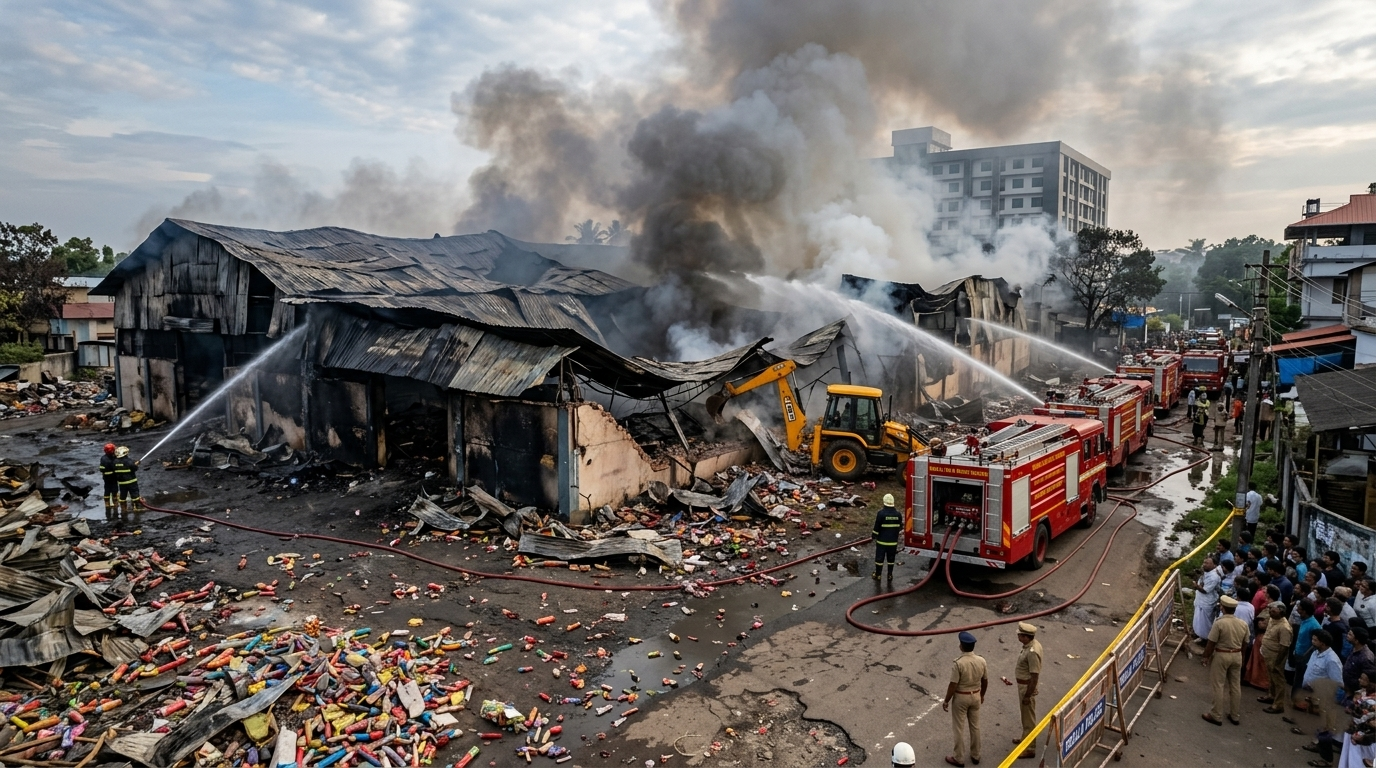 A wide landscape shot showing firefighters and emergency vehicles tackling a large fire at a firecracker storage facility in Thrissur, Kerala, with heavy smoke and damaged structures.