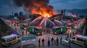 A panoramic landscape image showing the joint rescue and firefighting operation at the Hattar Industrial Estate in Haripur, Pakistan, following a devastating fire and industrial accident that claimed eight lives from one family.