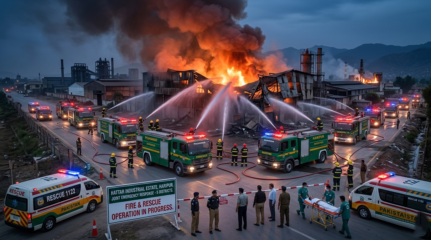 A panoramic landscape image showing the joint rescue and firefighting operation at the Hattar Industrial Estate in Haripur, Pakistan, following a devastating fire and industrial accident that claimed eight lives from one family.
