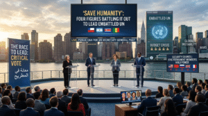 Four contenders for the UN Secretary General position standing behind lecterns in Manhattan, with the UN Headquarters building in the background.