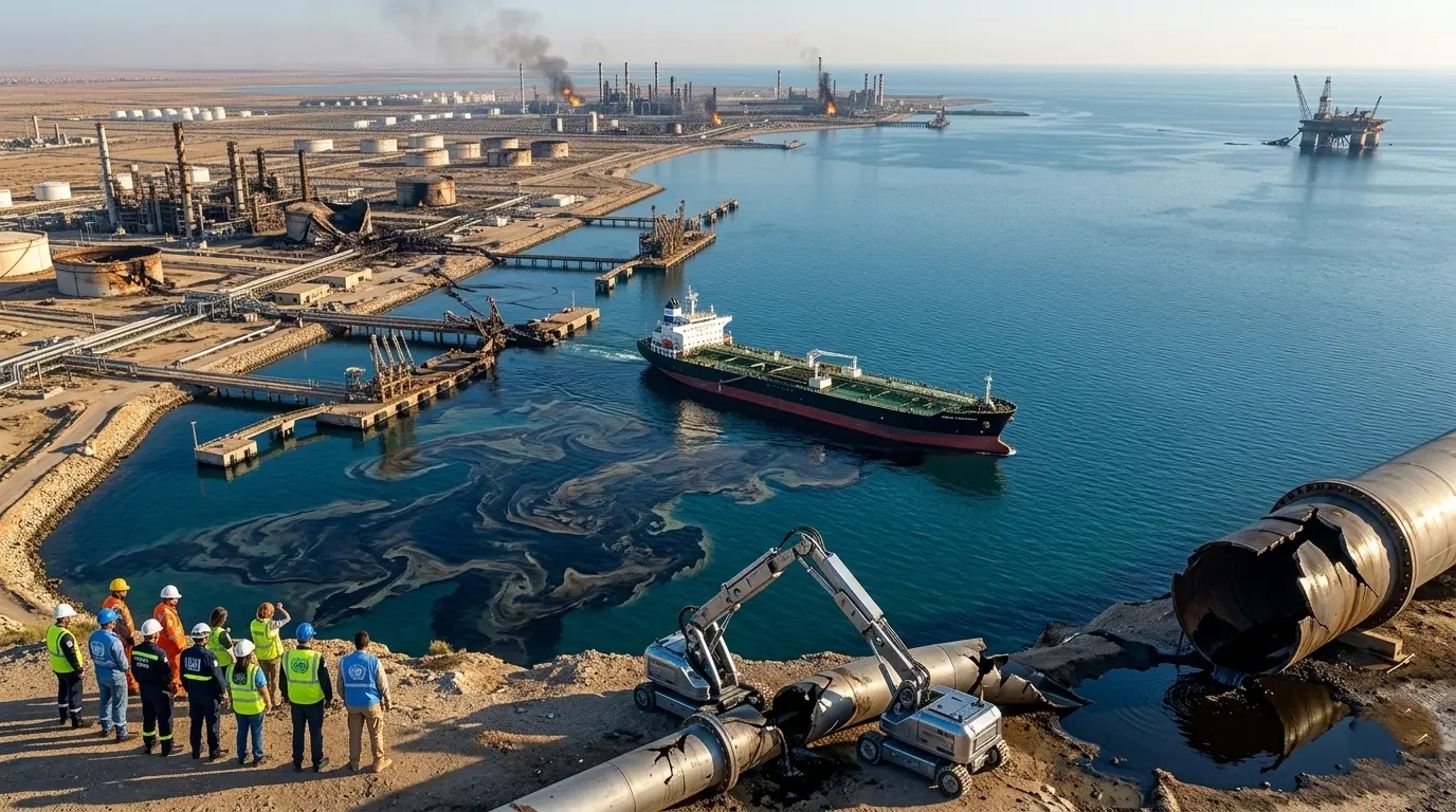 A high-angle drone view capturing a damaged coastal oil terminal near the Strait of Hormuz. In the foreground, a group of international observers with UN-style patches surveys massive infrastructure damage. An automated excavator works near a ruptured pipeline that is leaking a large oil slick into the water. In the mid-ground, a tanker similar to 'Agios Fanourios I' navigates through the polluted area, with burning storage tanks and a fractured offshore oil platform in the background, illustrating the impact of the Iran war oil supply disruption.