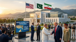 U.S. President Donald Trump on the White House lawn, speaking with reporters and gesturing while discussing a possible Trump Islamabad visit to sign a peace deal with Iran.