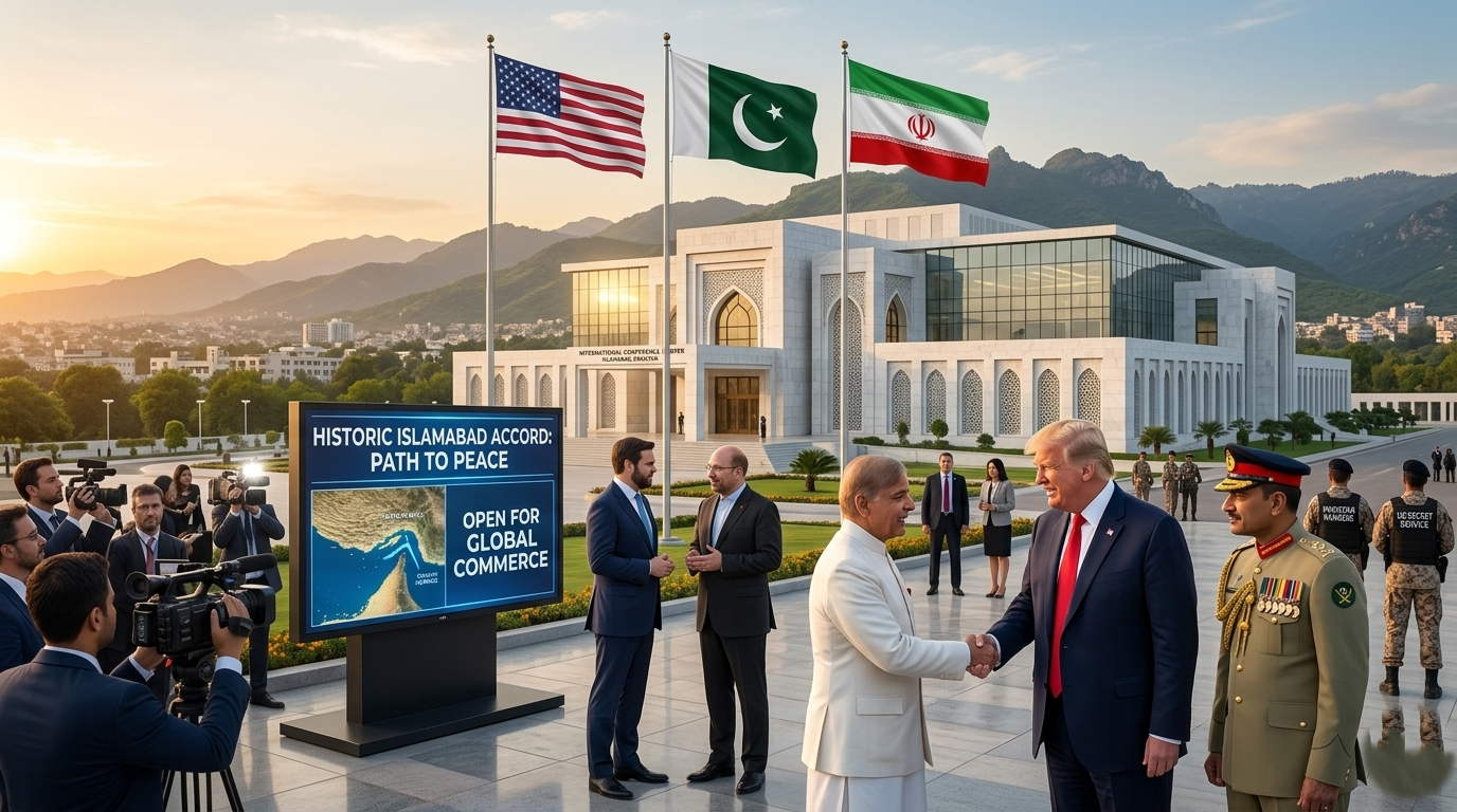 U.S. President Donald Trump on the White House lawn, speaking with reporters and gesturing while discussing a possible Trump Islamabad visit to sign a peace deal with Iran.