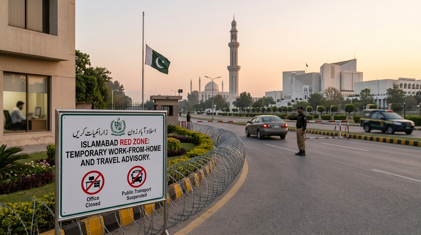 Islamabad Red Zone with official security advisories sign on the street and high-profile government buildings in the background.