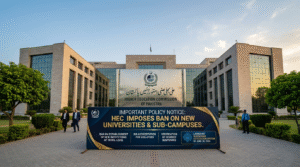 Higher Education Commission (HEC) building with a notice board explaining the HEC New Policy regarding the ban on new institutions.