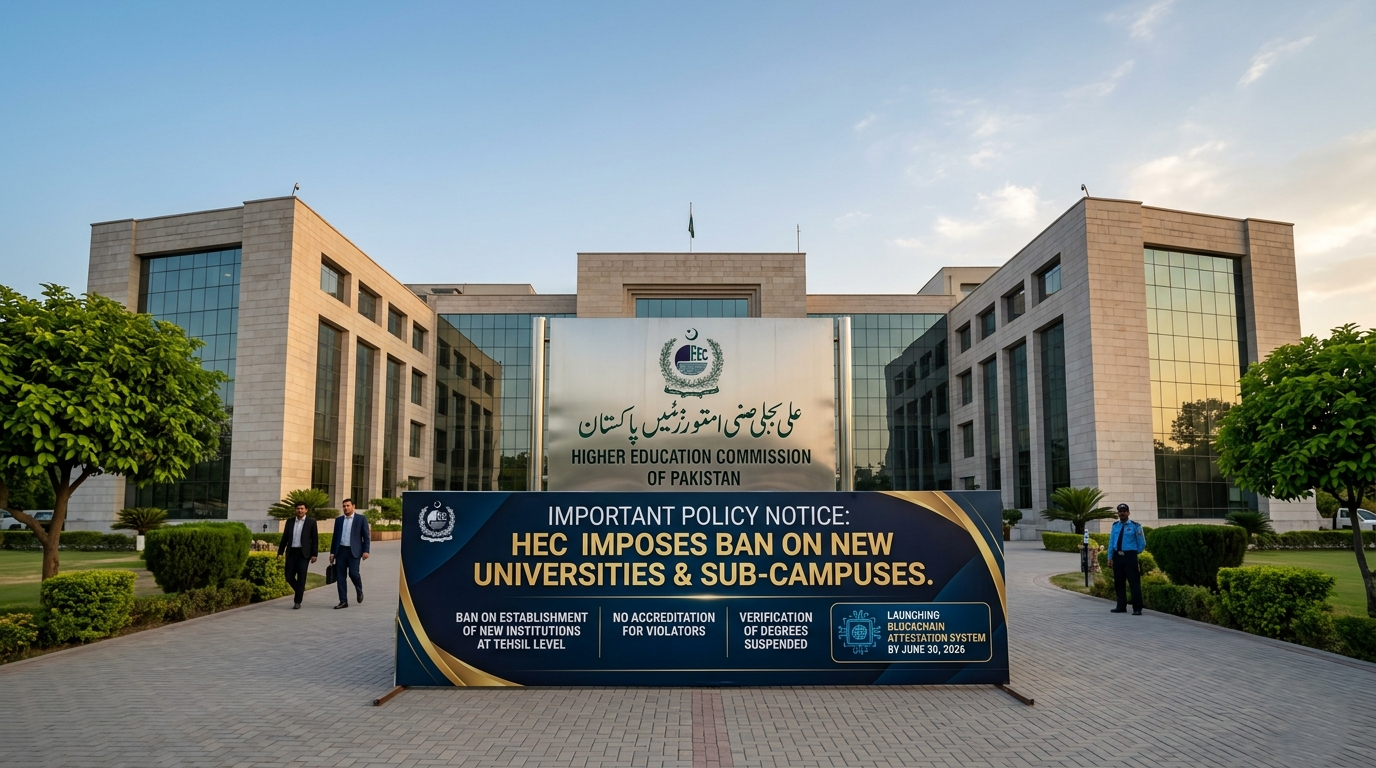 Higher Education Commission (HEC) building with a notice board explaining the HEC New Policy regarding the ban on new institutions.