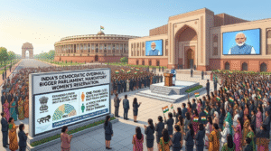A panoramic landscape image showing Prime Minister Narendra Modi standing near a large display screen in the New Delhi Parliament complex, which clearly outlines the India Women Quotas and democratic overhaul plan for a bigger parliament.
