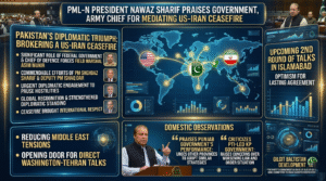 An infographic detailing PML-N President Nawaz Sharif's praise for the Pakistani government and Army Chief for their role in mediating a US-Iran ceasefire, including sections on upcoming talks and domestic observations.