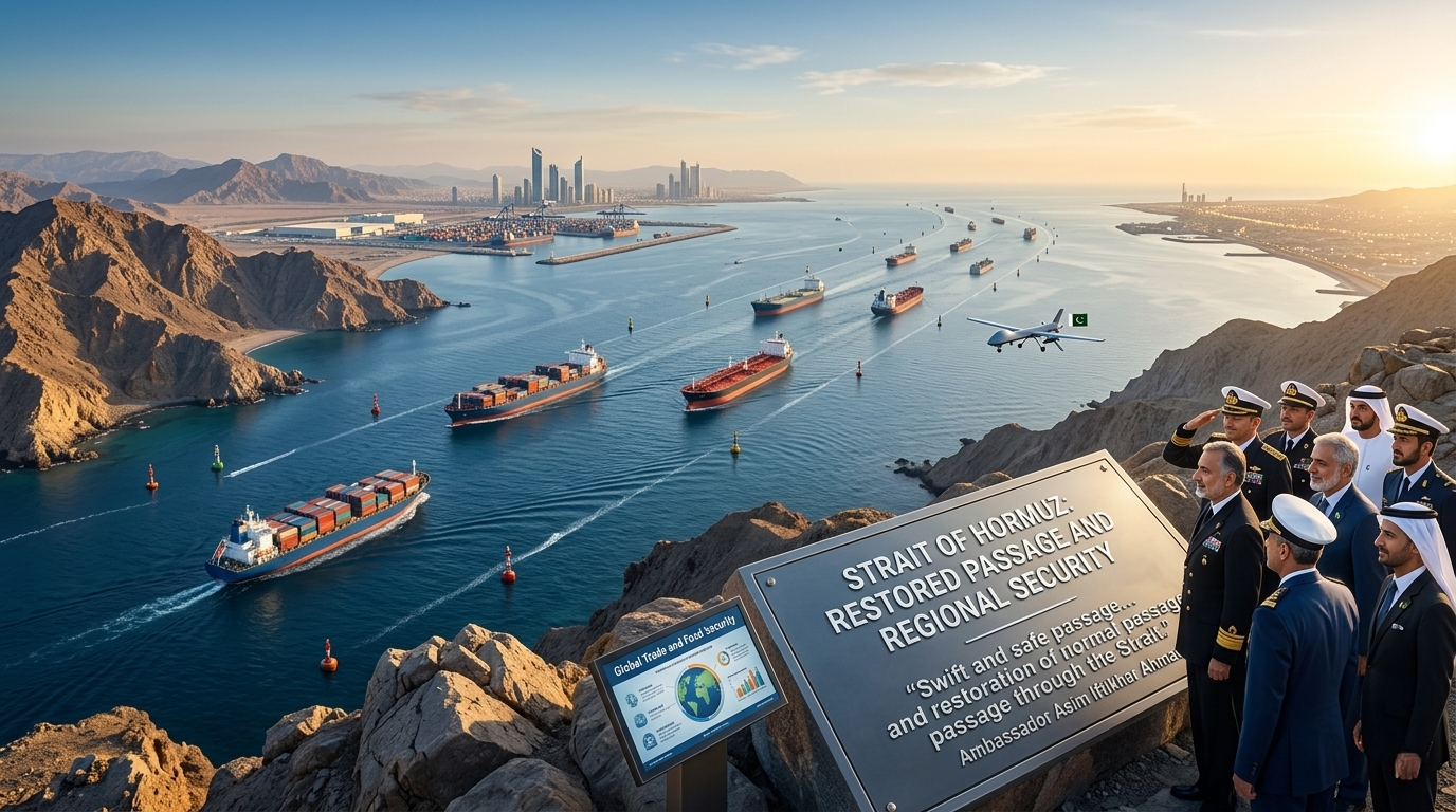 A high-resolution landscape photograph showing a restored passage and regional security in the Strait of Hormuz, as called for by Pakistan's Ambassador to the UN, with multiple cargo and tank ships and security personnel present.