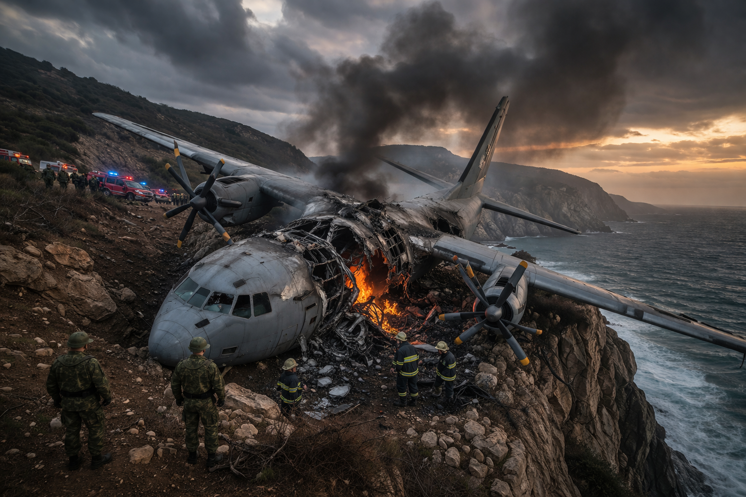 wreckage of russian plane crash in crimea with fire and rescue teams at crash site