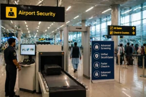 "Inside a modern airport security checkpoint with advanced screening machinery, passengers walking through metal detectors and a clear sign for airport security."