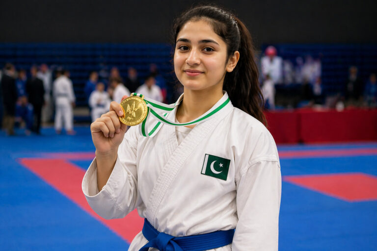 Arzoo Haider karate player holding gold medal during national competition