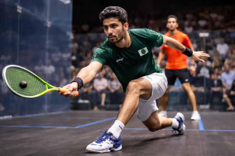 Asim Khan squash player in action during intense match at international tournament