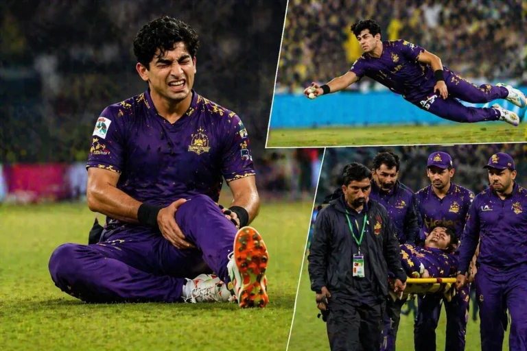 A dramatic scene of Naseem Shah injuring his knee while fielding during a PSL 11 match, with teammates helping him off the field.