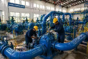 Workers at Dhabeji Pumping Station in Karachi maintain large blue water pumps amidst industrial machinery, with high ceilings and bright lighting."