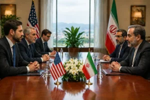 "US and Iranian officials engaged in a serious diplomatic negotiation in a well-lit conference room, with flags and a city view in the background."