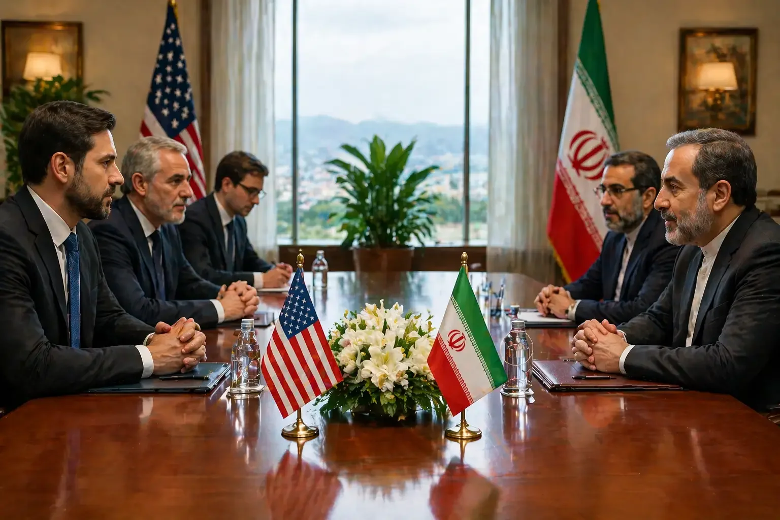 "US and Iranian officials engaged in a serious diplomatic negotiation in a well-lit conference room, with flags and a city view in the background."