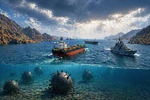 A dramatic scene of naval ships and sea mines in the Strait of Hormuz, depicting the tension in the region with high realism.