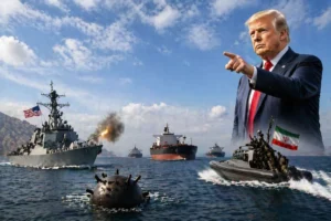 A dramatic scene of U.S. Navy forces, Iranian military, and explosions in the Strait of Hormuz, with Trump pointing as a leader.