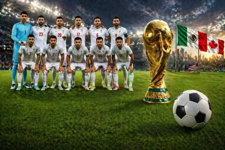 A dramatic photorealistic image of the Iranian soccer team, FIFA World Cup trophy, and national flags under stadium lights.