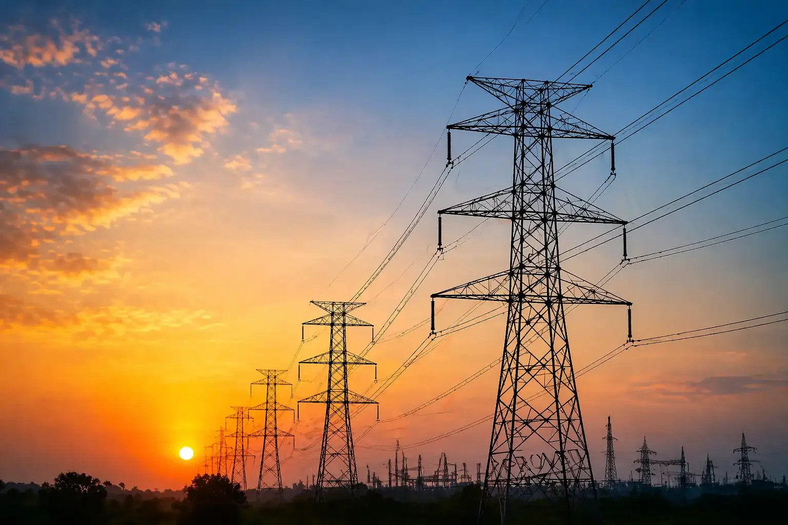 Electricity pylons silhouetted against a vibrant sunset sky, power lines stretching across the horizon, showcasing energy infrastructure."