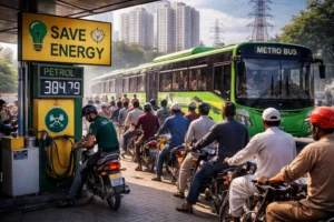 Motorcyclists waiting at fuel station during energy crisis Pakistan with rising petrol prices and public transport scene