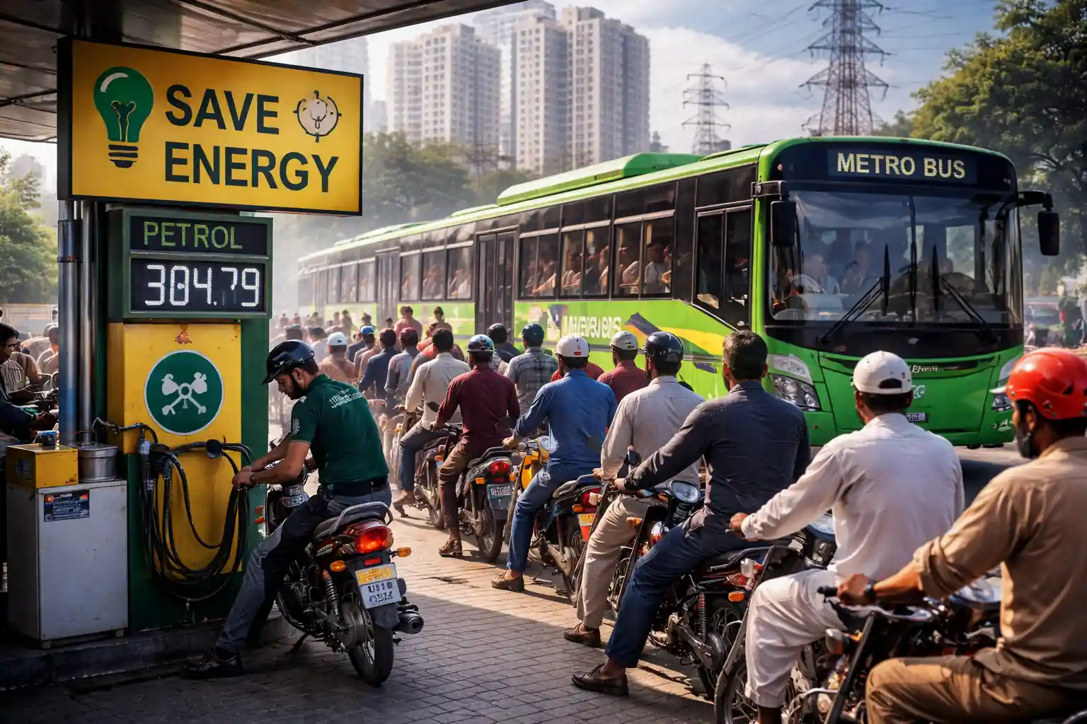 Motorcyclists waiting at fuel station during energy crisis Pakistan with rising petrol prices and public transport scene