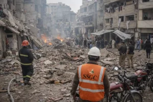 Aftermath of gas explosion case in Karachi showing damaged buildings and rescue teams at site