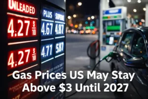 Gas station fuel price board showing high gas prices US above $3 per gallon with car refueling at night