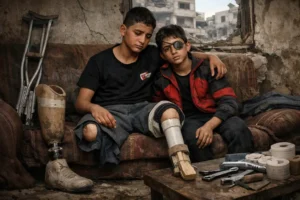 Two injured brothers in Gaza with amputations sitting in damaged home highlighting Gaza amputees crisis and lack of prosthetics
