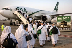Pilgrims boarding PIA aircraft at Karachi airport for Hajj flights Pakistan journey to Madinah