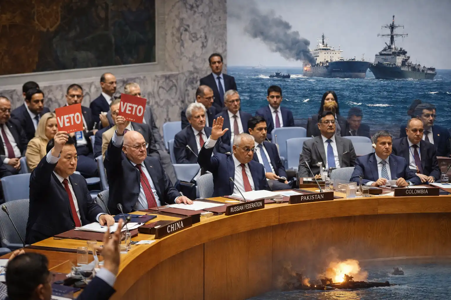 UN Security Council meeting showing China and Russia veto on Hormuz resolution with Strait of Hormuz shipping scene
