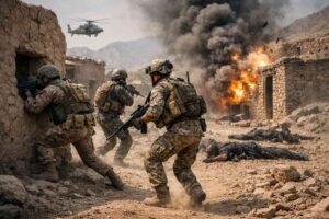 Pakistani security forces conducting an operation against India-backed terrorists in KP, with explosions and militants in the background.