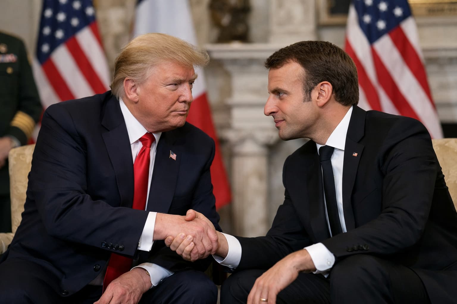 US President Donald Trump shakes hands with French President Emmanuel Macron during a formal meeting, highlighting Trump Macron relations.