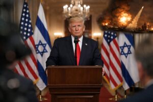 US President Donald Trump delivers a serious address from the White House podium, flanked by US and Israeli flags, with visuals of military conflict in the background, highlighting Trump Iran speech.
