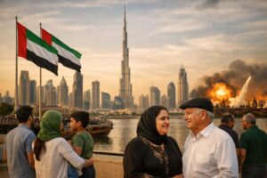 Dubai skyline with Burj Khalifa and UAE flags, showing Iranian families and residents enjoying the waterfront, symbolizing UAE Iranian community safety and coexistence.