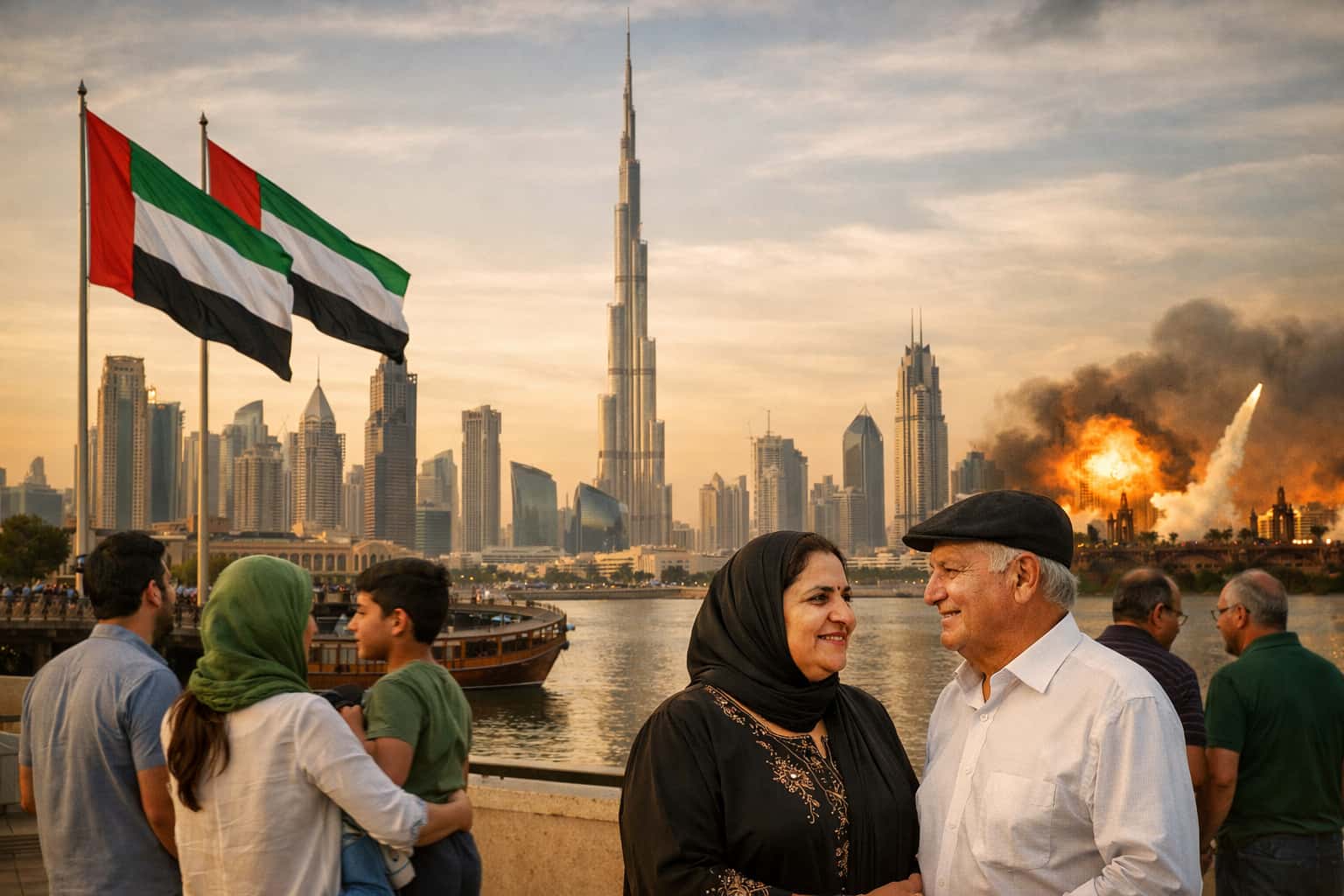 Dubai skyline with Burj Khalifa and UAE flags, showing Iranian families and residents enjoying the waterfront, symbolizing UAE Iranian community safety and coexistence.