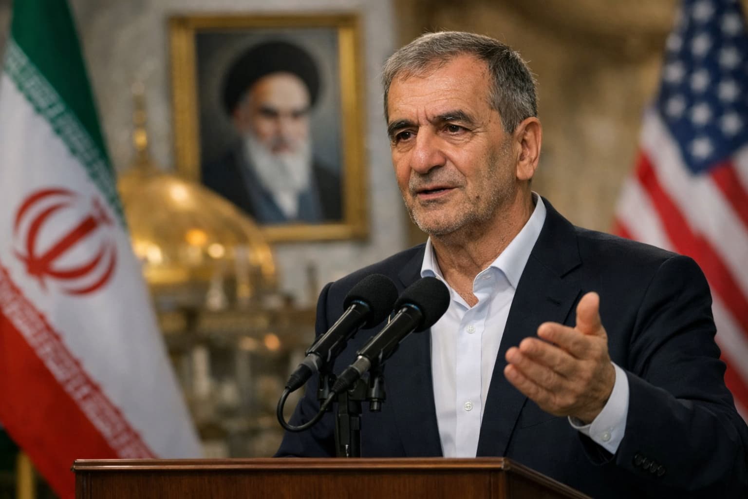 Iranian President Masoud Pezeshkian delivers a speech with Iranian flag and shrine in background, symbolizing pezeshkian letter to Americans.